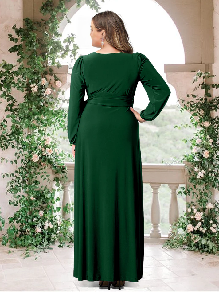 Satin Long-Sleeve Sweetheart Neckline Ruched Bodice High-Slit Sheath Floor-Length Luxe Bridesmaid Dress