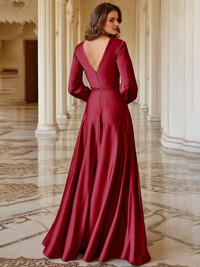 Burgundy Satin A-Line Floor-Length Evening Dress with Pleated Bodice, Split Sleeves, and High Slit