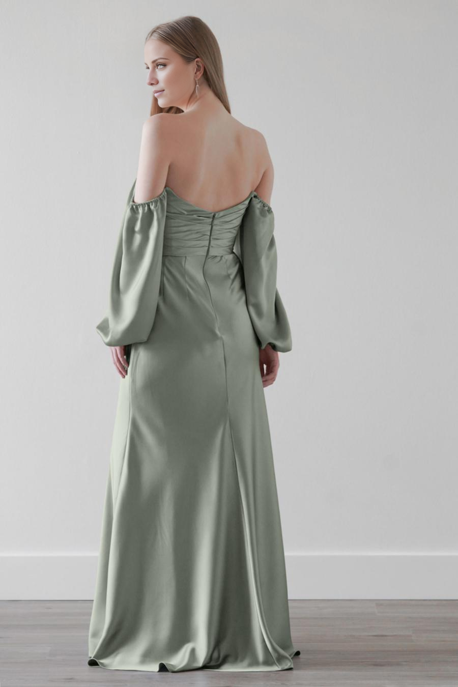 Jimiss off shoulder collar strapless long sleeved backless and floor length evening dress