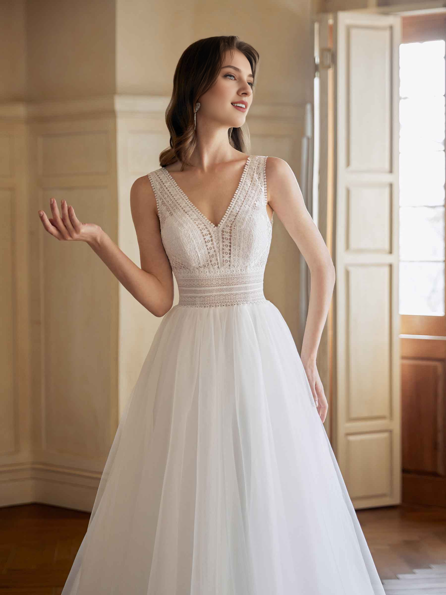 Elegante vestido de novia de encaje ultra largo con espalda descubierta y corte A