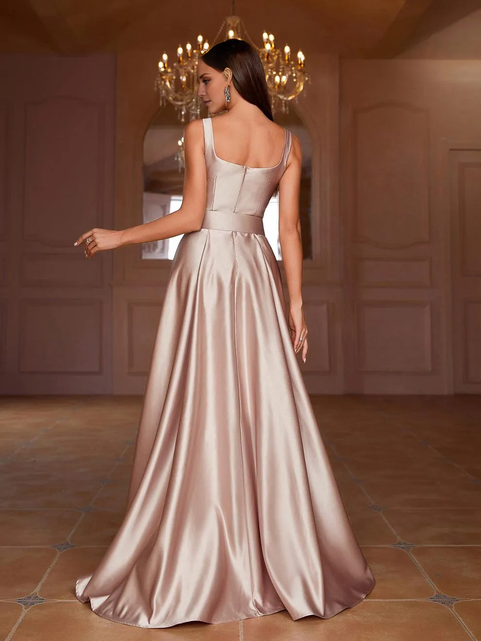 Square neck sleeveless waist belt satin and floor length formal dress