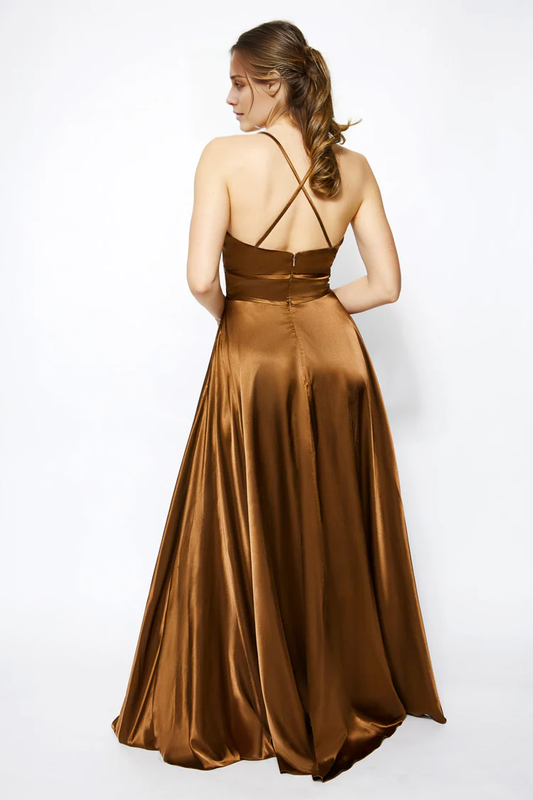 Vestido de fiesta Jimiss con escote en V, hombros descubiertos, sin mangas, tirantes finos, espalda descubierta y largo hasta el suelo