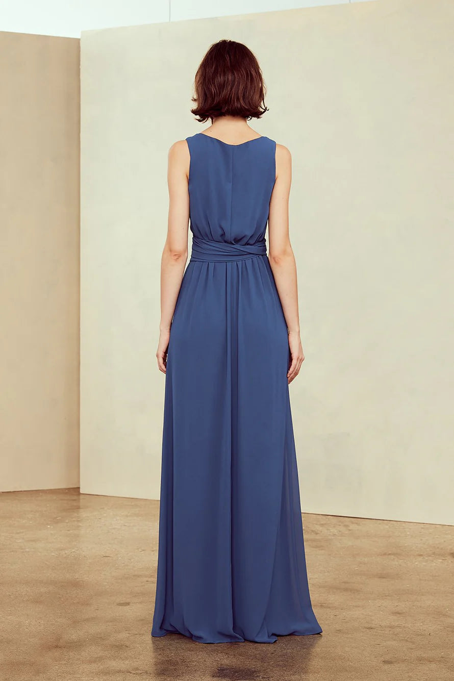 Vestido de noche Jimiss con escote en V, hombros descubiertos, sin mangas, con cordones y largo hasta el suelo