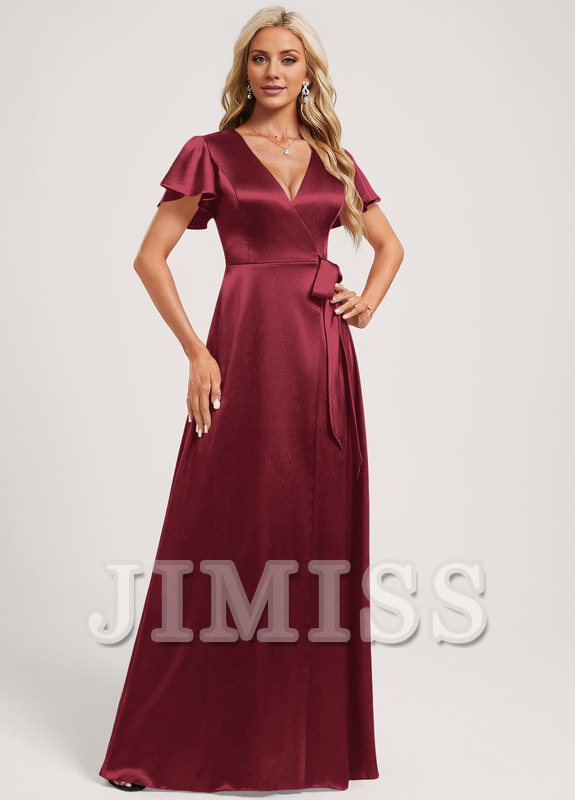 Vestido de dama de honor de satén elástico, largo hasta el suelo, con escote en V y corte A