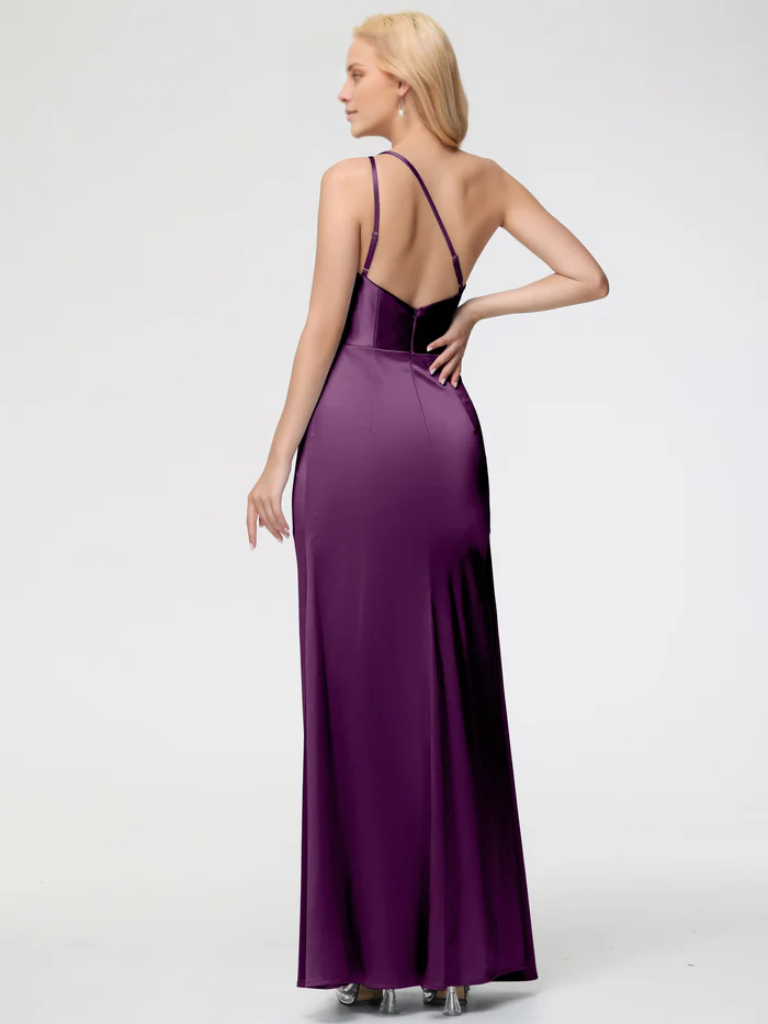 Jimiss trumpet/mermaid shaped single shoulder sleeveless pleated satin slit Prom dress