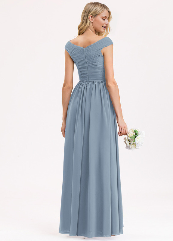 Dusty Blue Chiffon Off-the-Shoulder A-Line Floor-Length Dress with Pleated Bodice, High Slit & Pockets