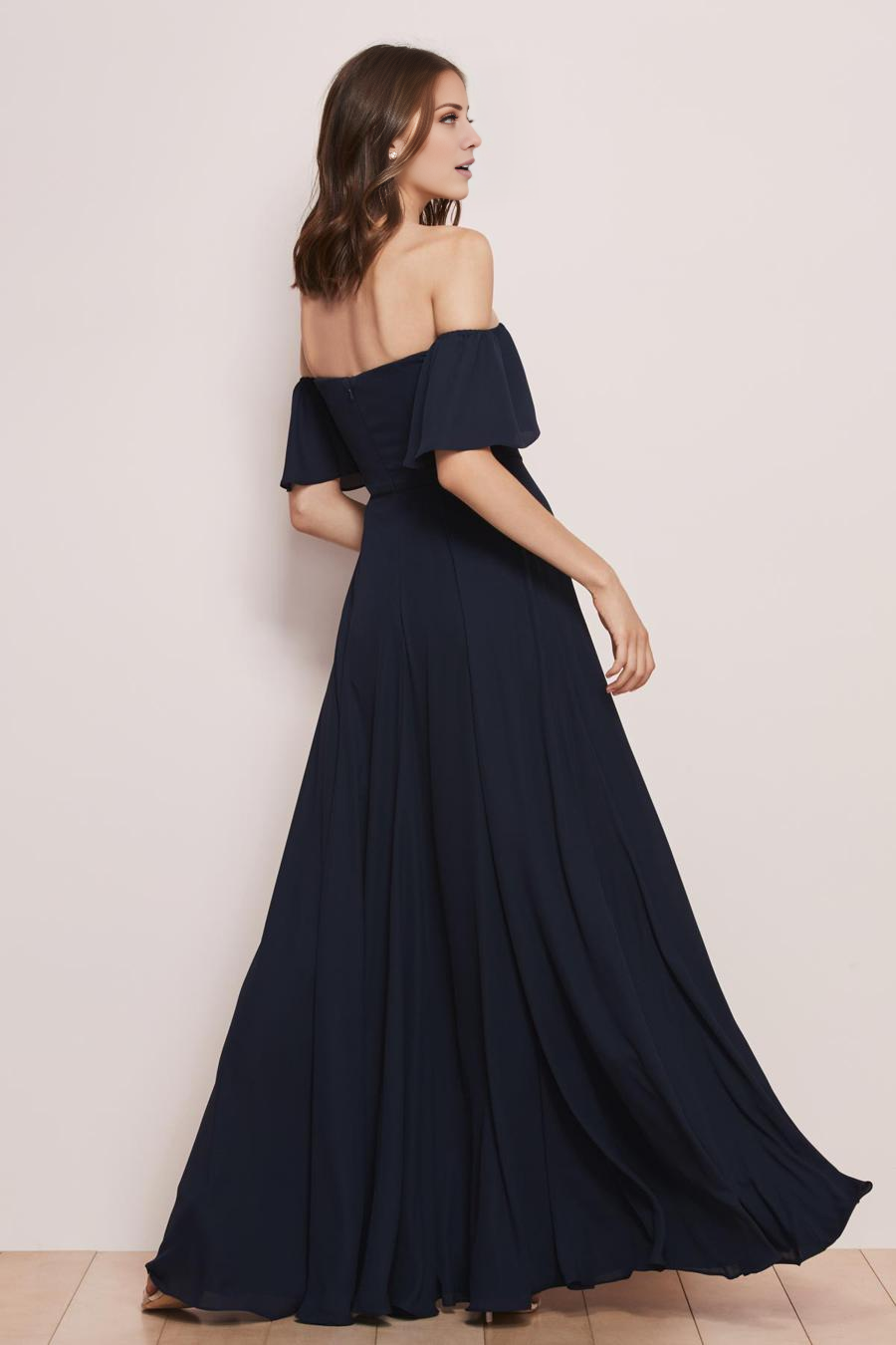 Dark Navy Off-the-Shoulder A-Line Floor-Length Bridesmaid Dress with High Slit