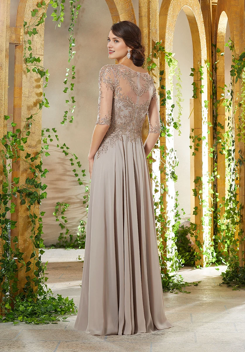 Mocha Chiffon Embroidered Bodice Illusion Sleeves A-Line Floor-Length Evening Dress