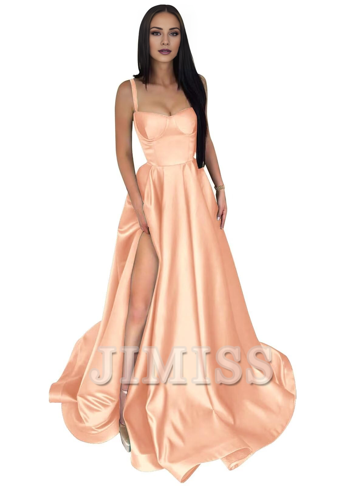 Vestido de fiesta formal de satén con tirantes finos, abertura larga en forma de A y plisado.