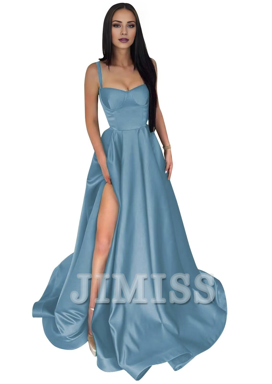 Vestido de fiesta formal de satén con tirantes finos, abertura larga en forma de A y plisado.