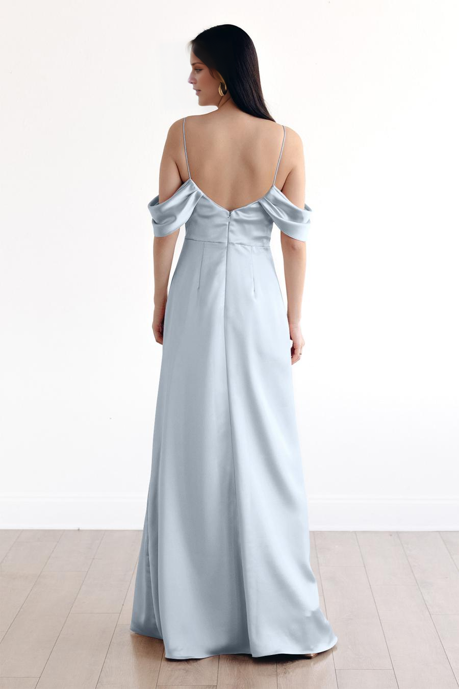 Vestido de noche Jimiss con escote en V, hombros descubiertos, tirantes finos, plisado, sin espalda y largo hasta el suelo