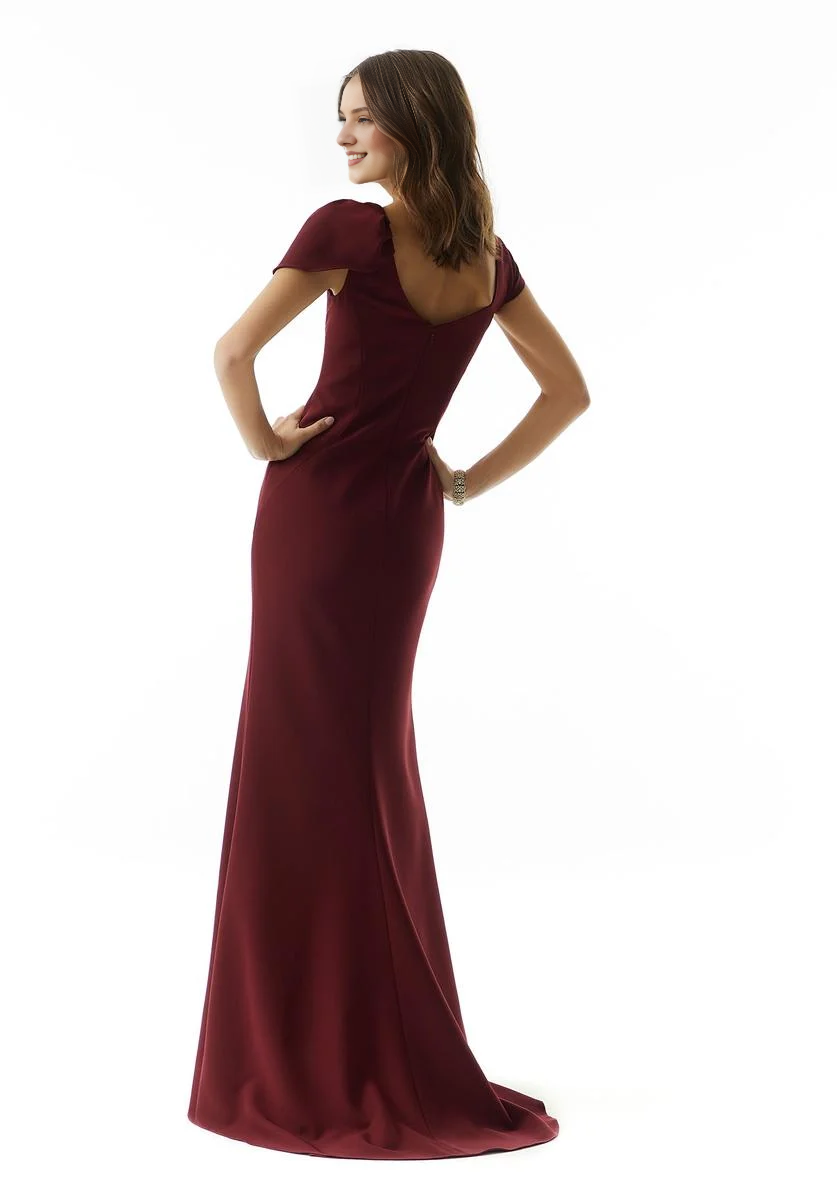 Burgundy Crepe Sheath Floor-Length Dress with Draped Boat Neck