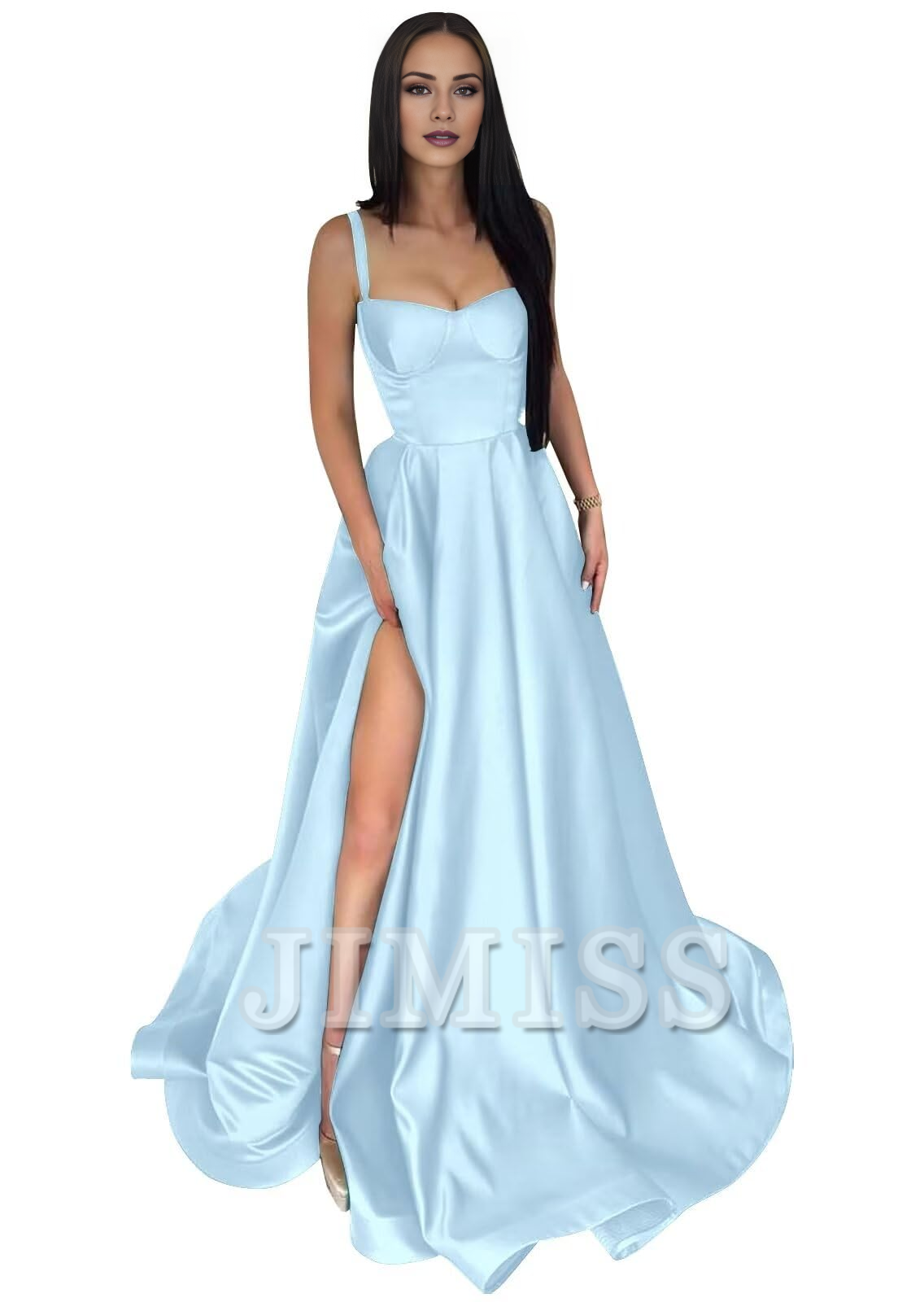 Vestido de fiesta formal de satén con tirantes finos, abertura larga en forma de A y plisado.