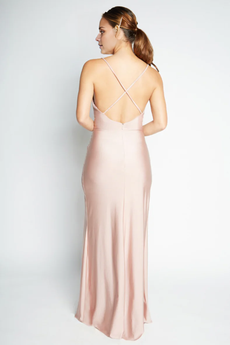 Vestido de noche Jimiss con escote en V, hombros descubiertos, sin mangas, tirantes finos, espalda descubierta, abertura lateral y largo hasta el suelo