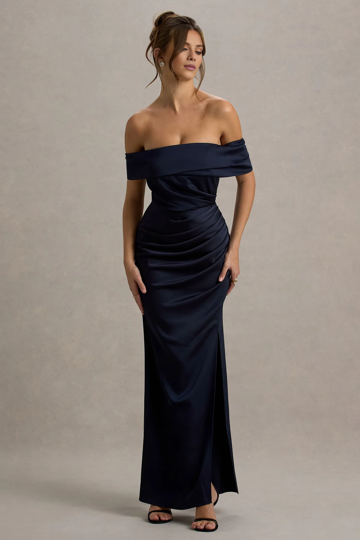 Off shoulder collar satin wrap and floor length evening dress - jimiss dress