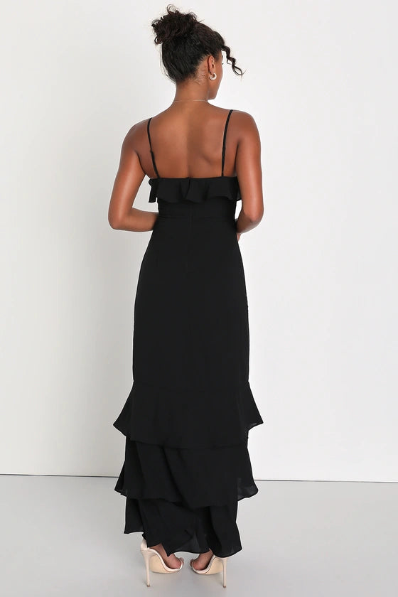 Black Chiffon Mermaid Floor-Length Dress with Straight Neck & Backless