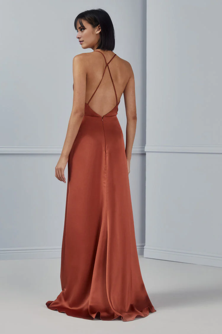 Vestido de fiesta Jimiss con escote alto, sin mangas, hombros descubiertos, tirantes finos, espalda descubierta y largo hasta el suelo
