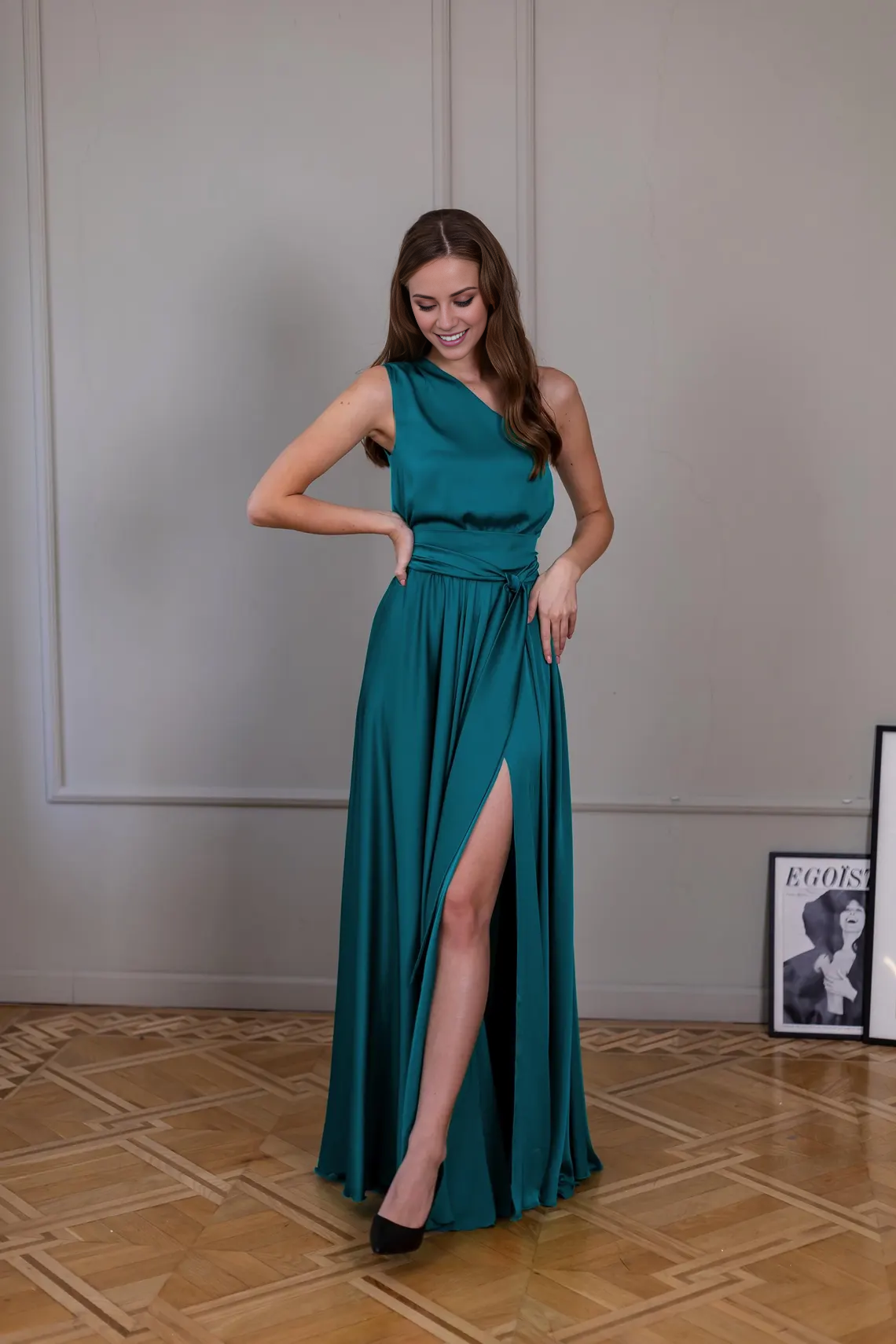 Jimiss - Vestido de fiesta de satén con cuello asimétrico, sin espalda y largo hasta el suelo 