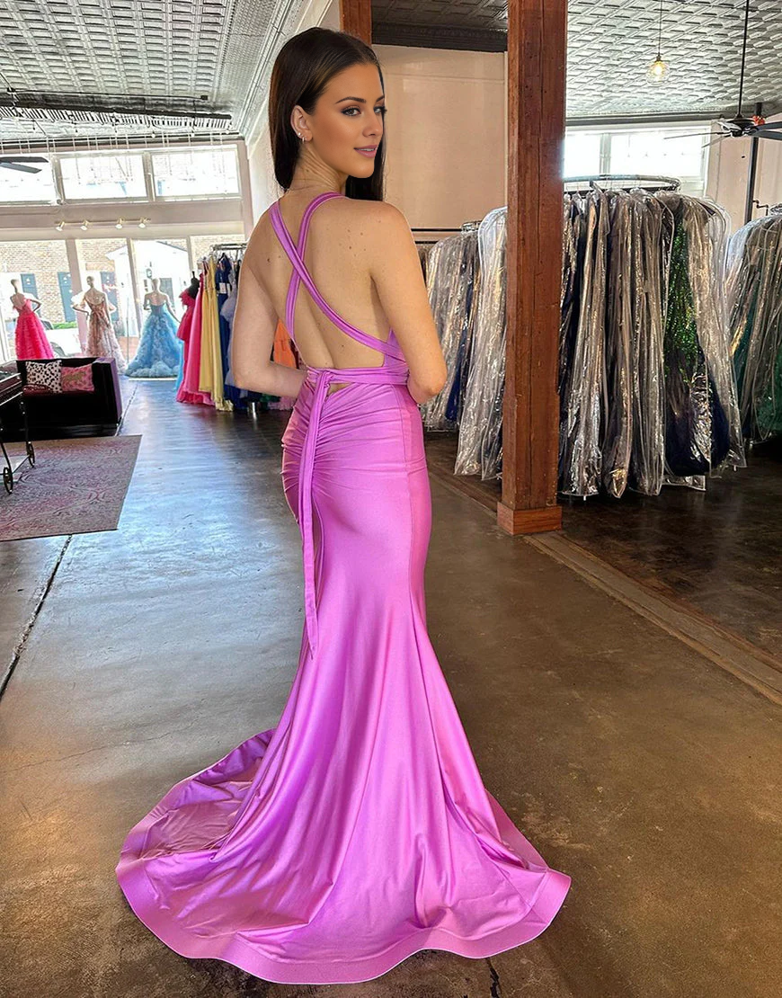 Vestido de fiesta largo de satén con escote en V profundo y espalda cruzada de Jimiss