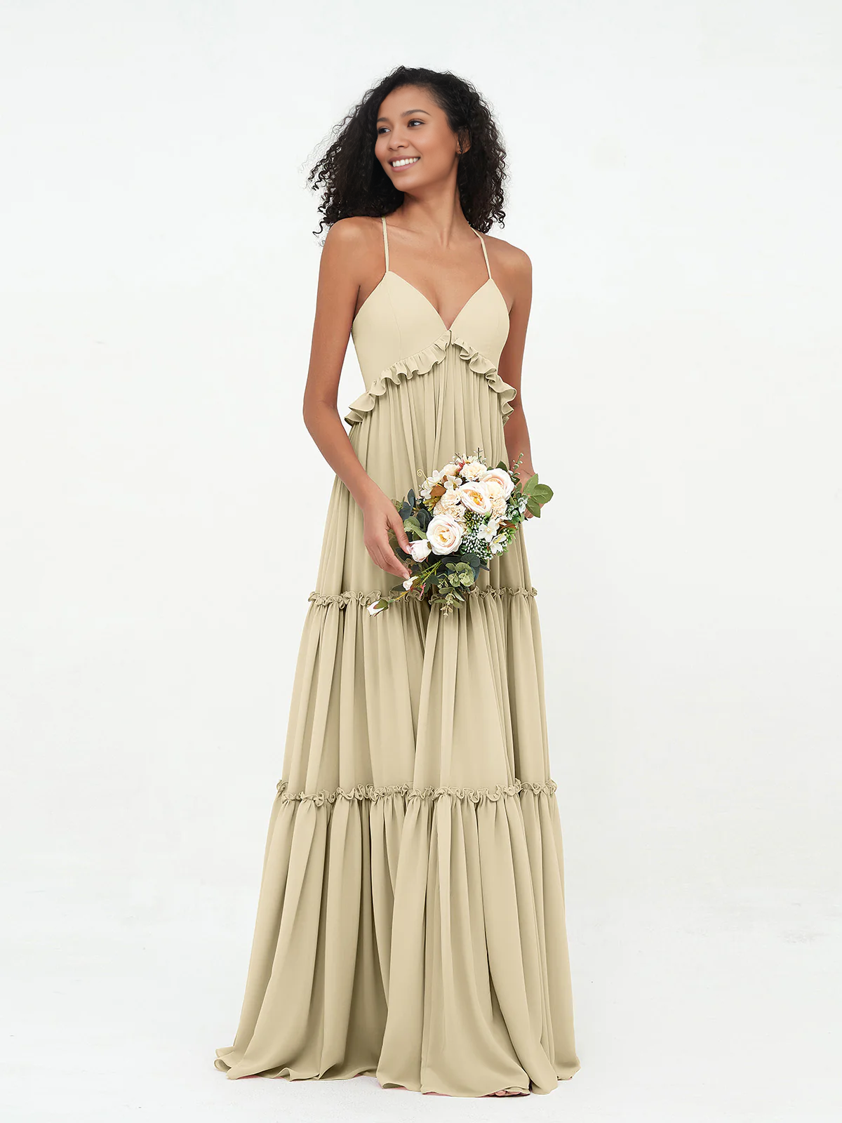 Sage Green Chiffon Tiered Floor-Length Dress with V-Neck and Ruffle Trim