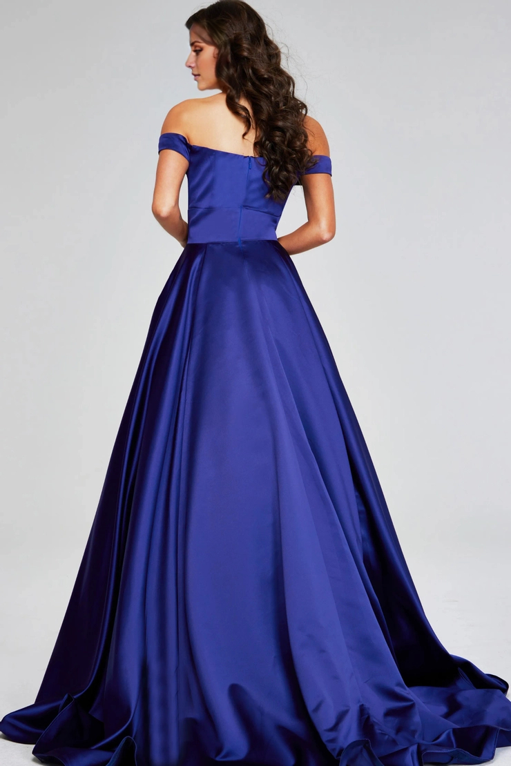 Royal Blue Satin Off-the-Shoulder A-Line Floor-Length Evening Dress