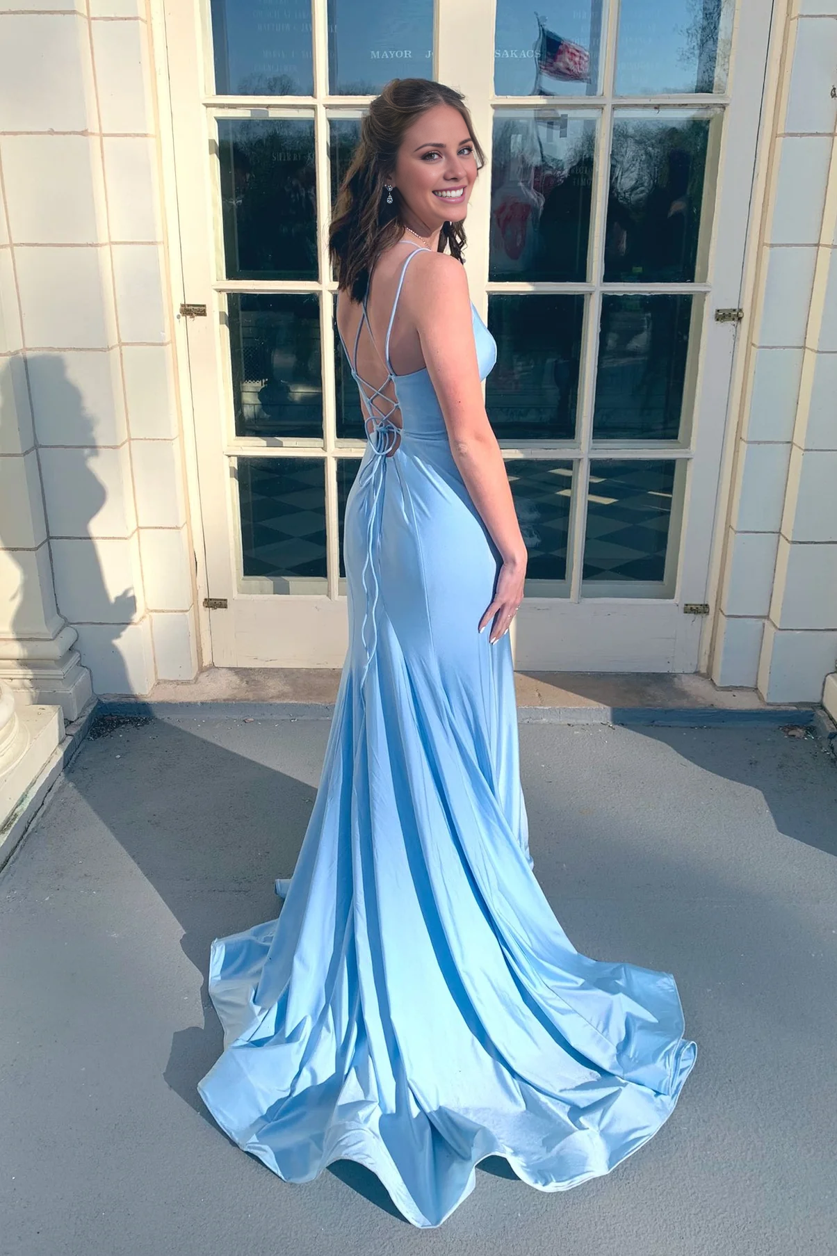 Jimiss Shoulders with Blue Satin Tail Long Dress