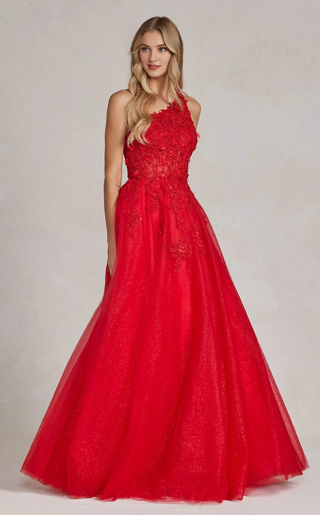Red A-Line Floor-Length Dress with One Shoulder, Lace Appliques & Glitter Tulle