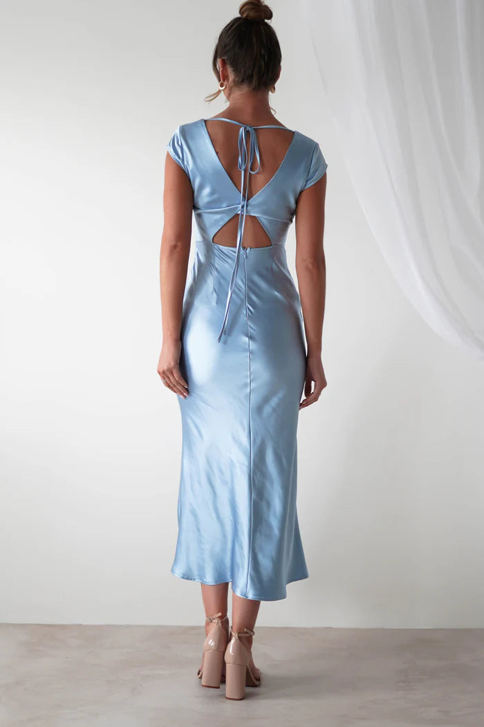 Sky Blue Satin Sheath/column Midi Dress with V-Neck and Pleated Bodice