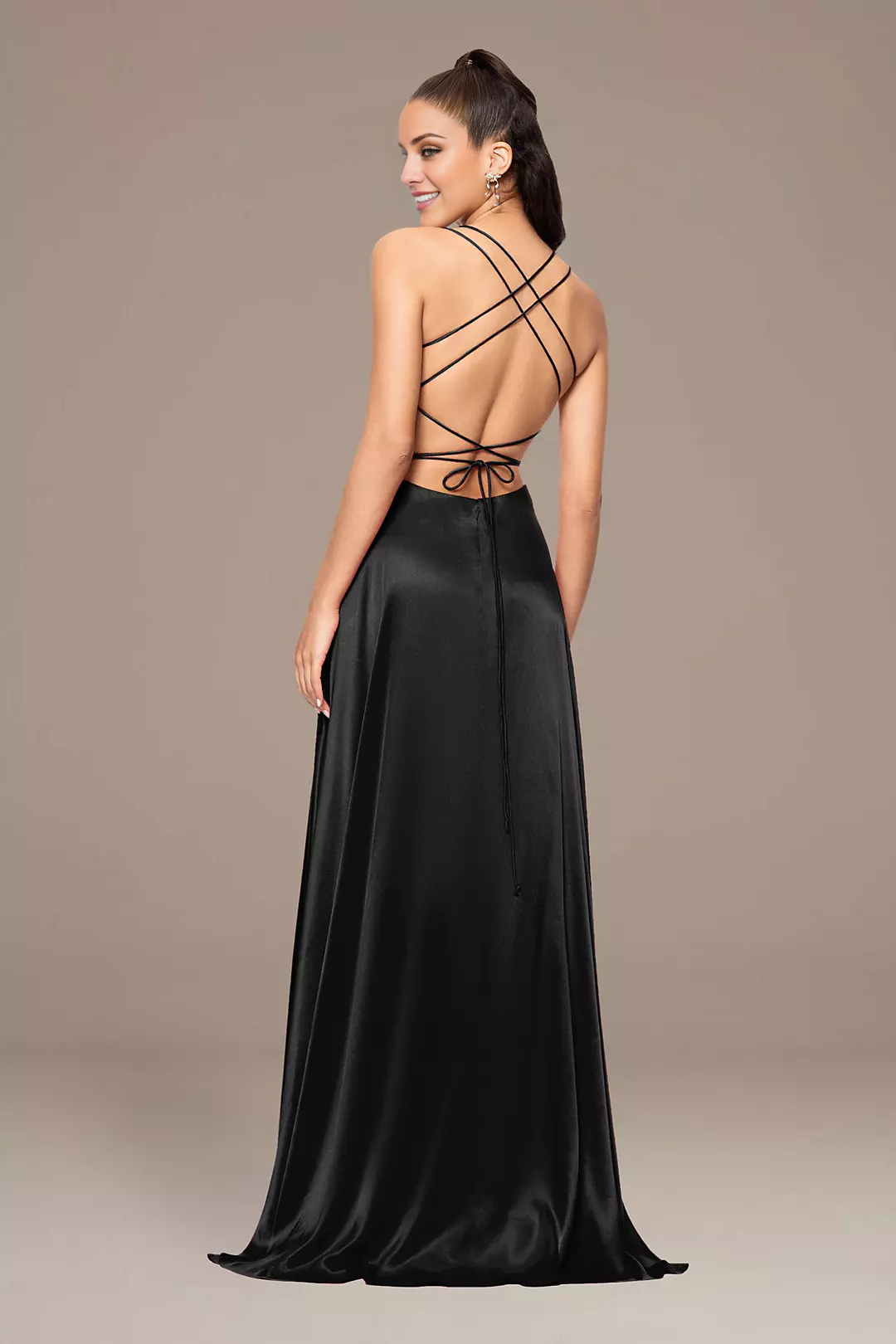 Black Satin A-Line Floor-Length Evening Dress with Lace Applique Bodice