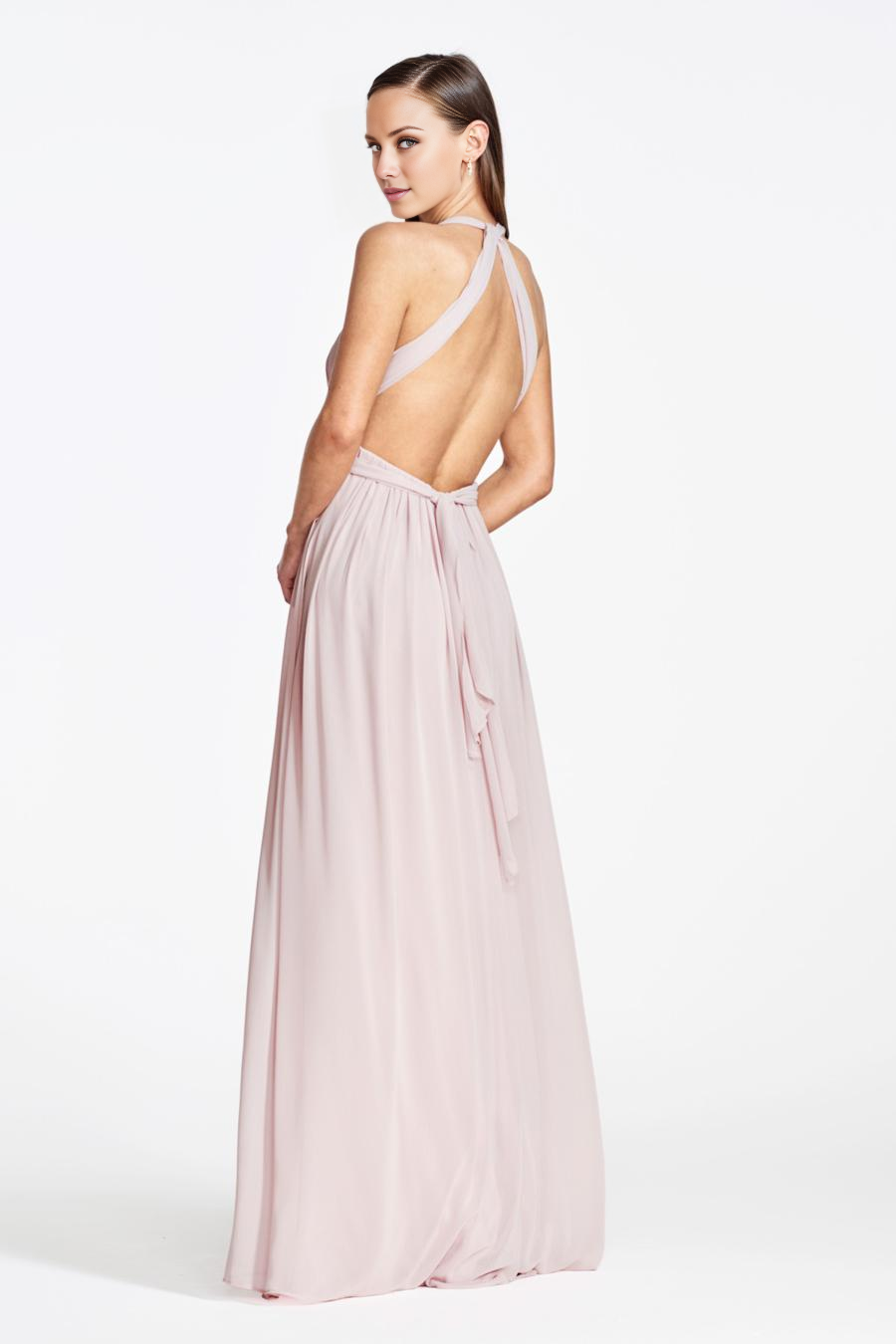 Vestido de noche Jimiss con escote en V profundo, cuello colgante, sin mangas, espalda descubierta y largo hasta el suelo