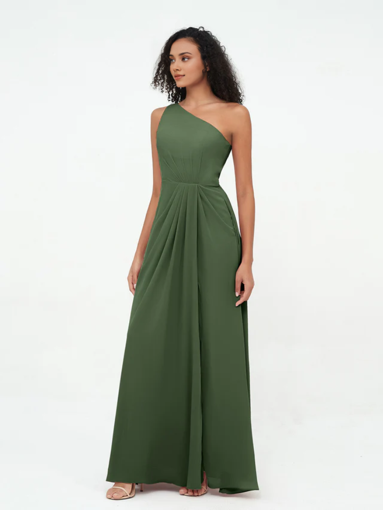 Olive Green Chiffon A-Line Floor-Length One Shoulder Dress with Draped Bodice and High Slit
