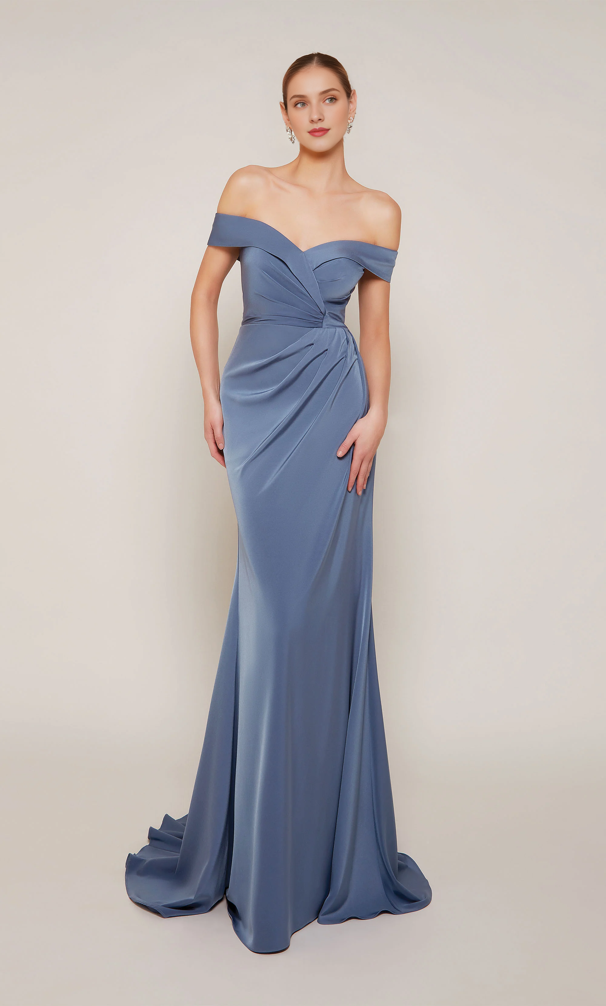 Dusty Blue Satin Off-the-Shoulder Floor-Length Gown with Draped Bodice