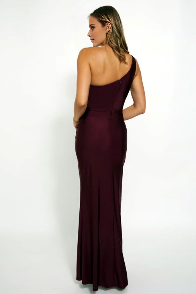 Vestido de noche Jimiss con cuello asimétrico, hombros descubiertos, sin mangas, espalda descubierta, abertura lateral y largo hasta el suelo