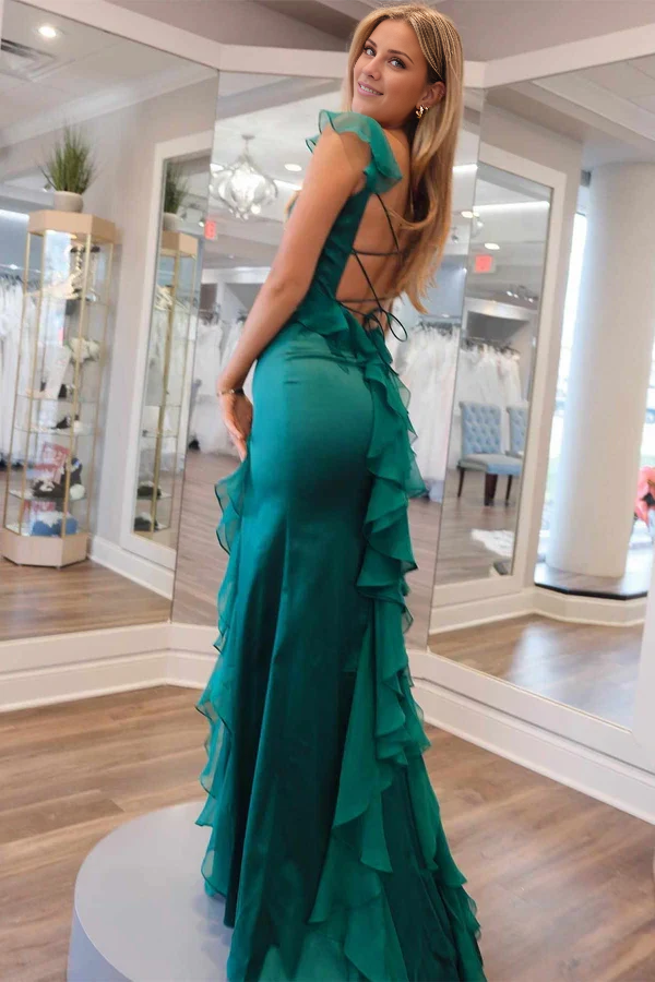 Emerald Satin Square Neck Sheath Floor-Length Bridesmaid Dress with Ruffled Cap Sleeves