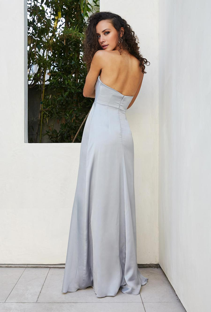 Mist Satin A-Line Floor-Length Dress with Straight Neck and Draped Bodice
