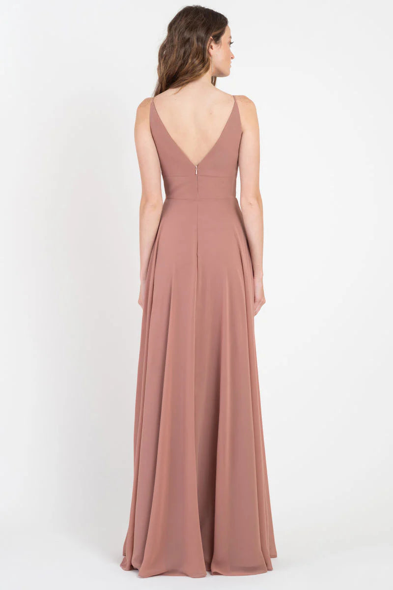 Vestido de fiesta Jimiss con escote en V profundo, hombros descubiertos, sin mangas, espalda descubierta, plisado y largo hasta el suelo