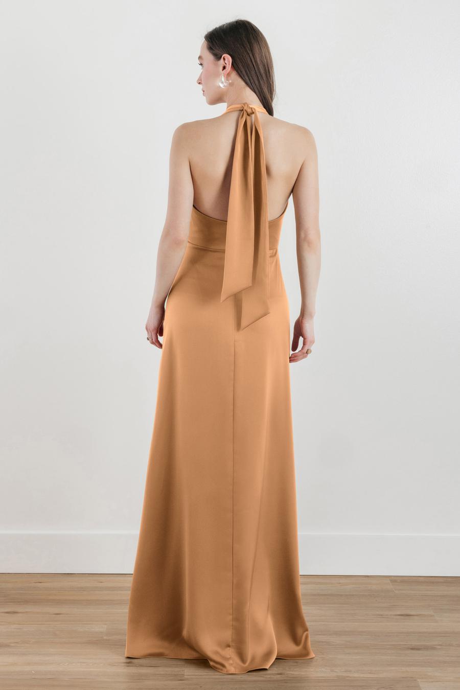 Vestido de noche Jimiss de satén sin mangas, con escote halter y hombros descubiertos, largo hasta el suelo y sin espalda