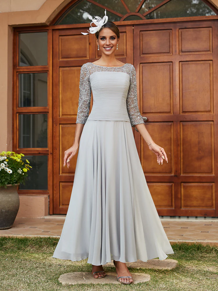 Silver Chiffon A-Line Tea-Length Dress with Boat Neck and Pleated Bodice and Lace Sleeves