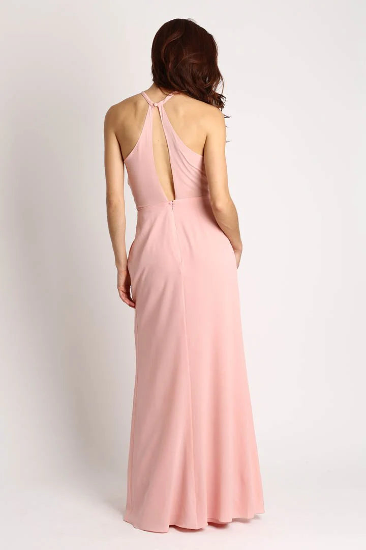 Vestido de noche Jimiss con escote halter, hombros descubiertos, sin mangas, espalda descubierta y largo hasta el suelo