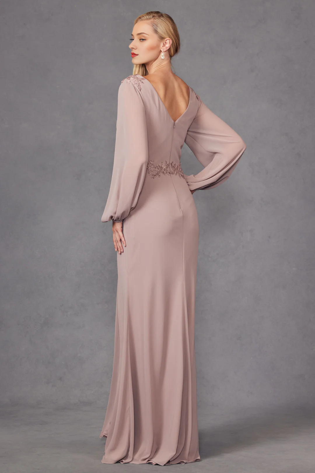 Dusty Rose Chiffon A-Line Floor-Length Evening Dress with Embroidered V-Neck & High Slit