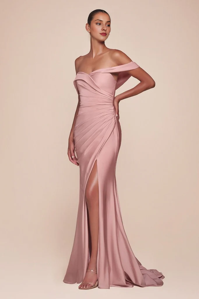 Elegant Slate Blue Satin A-Line Floor-Length Off-the-Shoulder Dress with Draped Bodice and High Slit