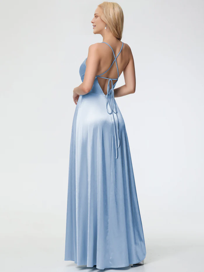 Vestido de fiesta Jimiss de satén con escote en V, tirantes finos, plisado, espalda descubierta y abertura