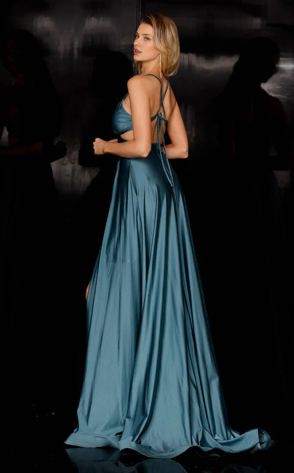 Vestido de fiesta con escote en V profundo, espalda descubierta, tirantes finos y largo hasta el suelo