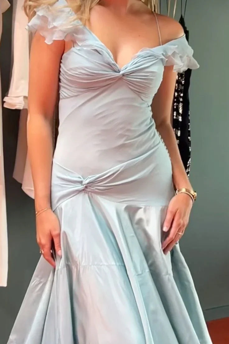 Sky Blue Satin Off-the-Shoulder Trumpet Floor-Length Evening Dress