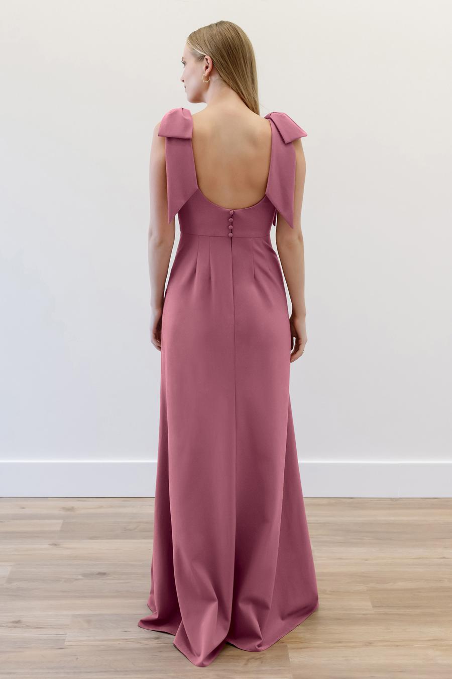 Vestido de noche Jimiss con cuello redondo, sin mangas, lazo en los hombros, sin espalda y largo hasta el suelo