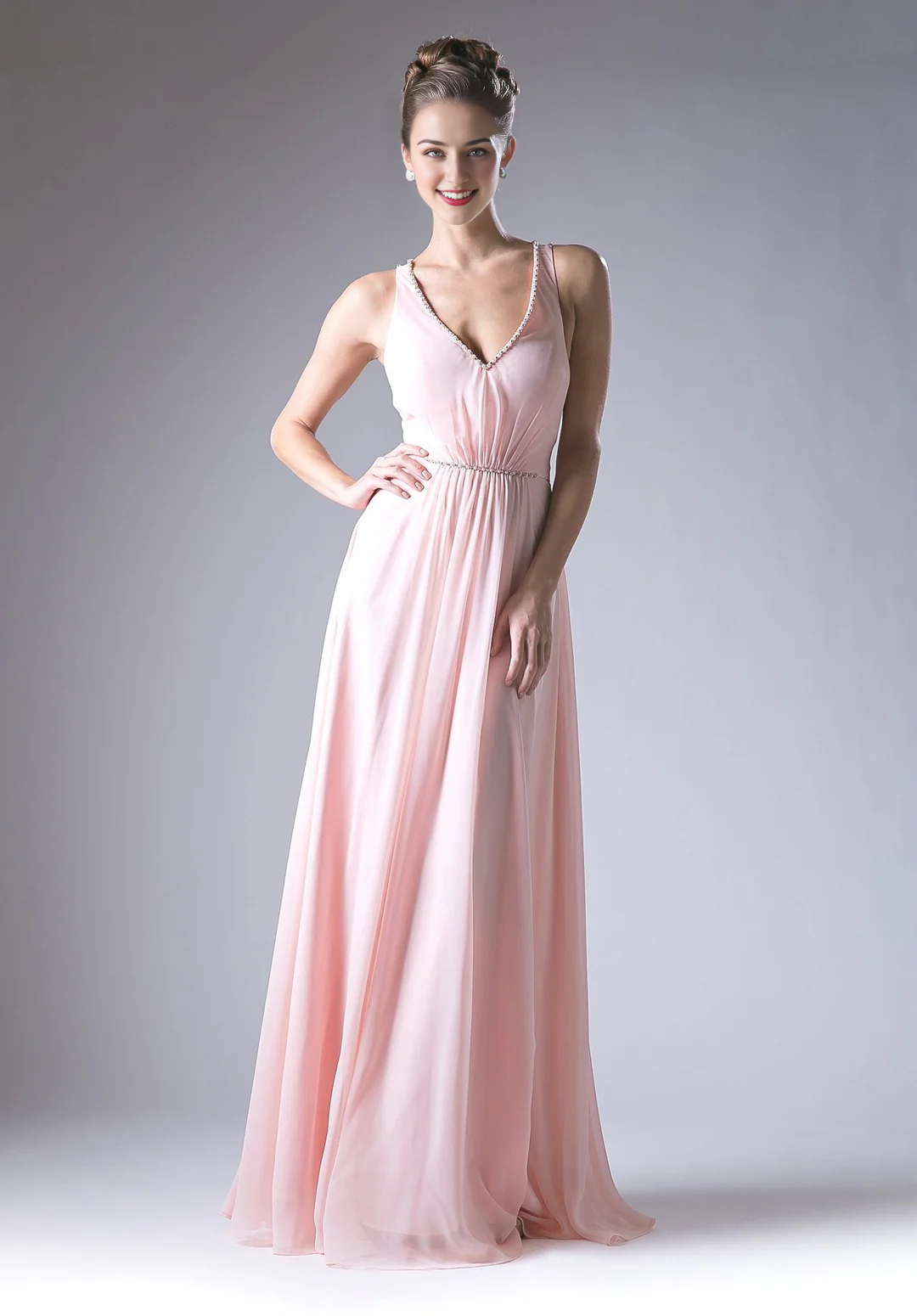 Pink Chiffon A-Line Floor-Length Dress with Ruched Bodice & Embellished V-Neck