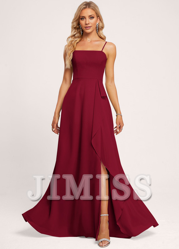 Vestido de dama de honor de gasa con volantes, corte A, cuadrado, largo hasta el suelo