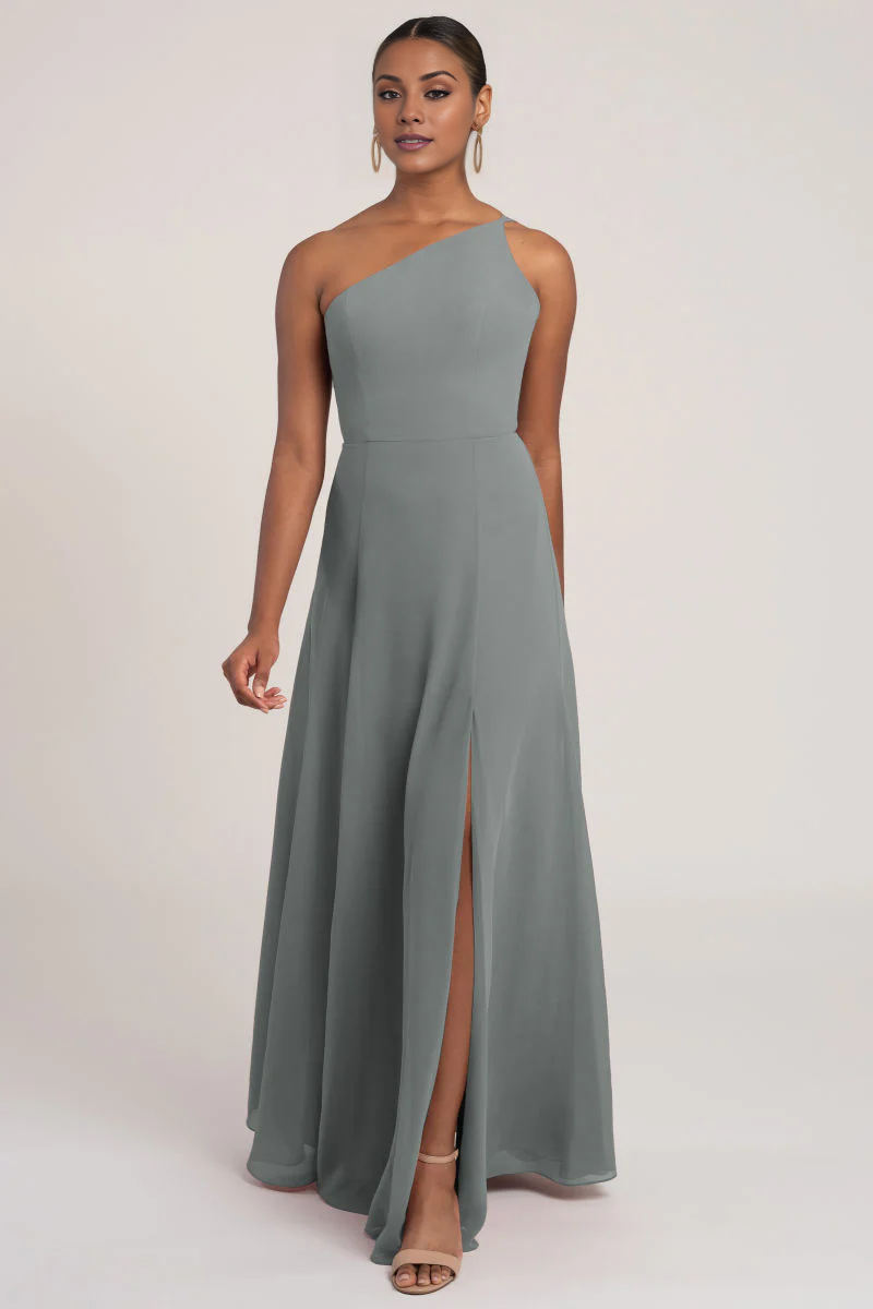 Dusty Sage Chiffon A-Line Floor-Length Dress with One Shoulder Neckline + Back Zip