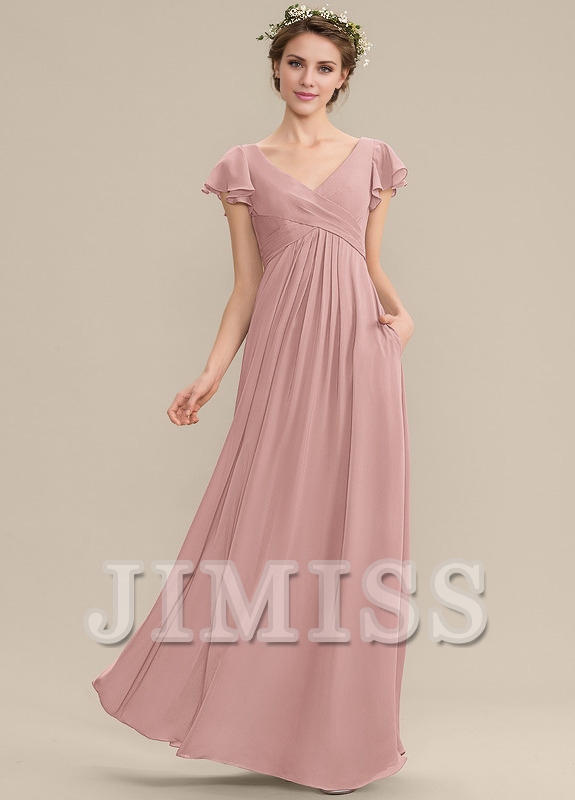 Vestido de dama de honor de gasa con escote en V, volantes escalonados y largo hasta el suelo