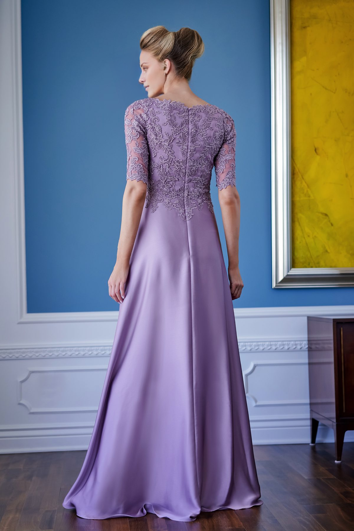 Lavender Satin A-Line V-Neck Floor-Length Bridesmaid Dress with Lace 3/4 Sleeves